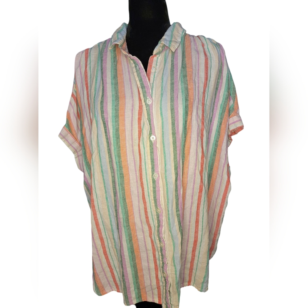 Time And Tru Women's Short Sleeve Roll Cuff Shirt Cotton & Linen Size XXL